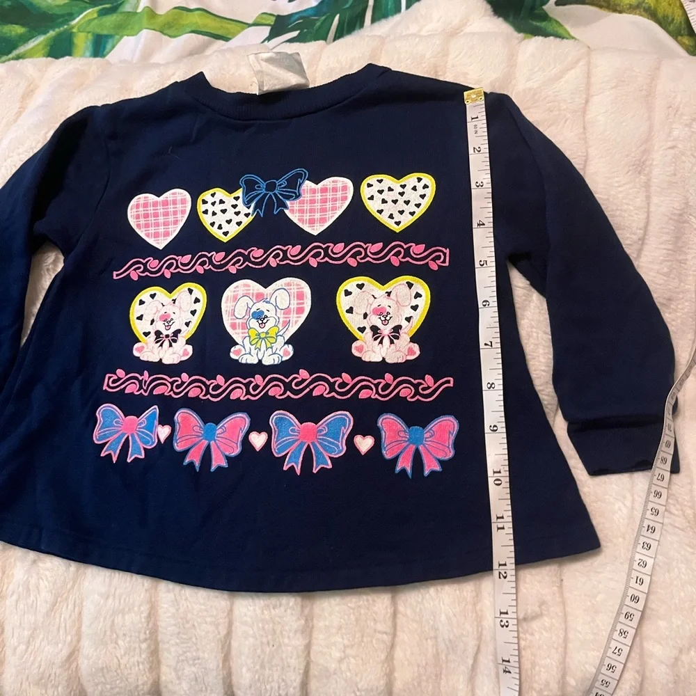 Vintage 80s Wee Works 3T Navy Blue Neon Puppy Heart Graphic Print Fall Tee